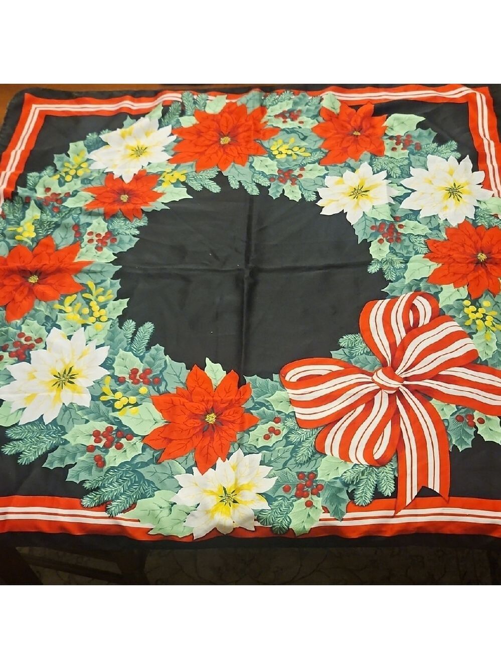 Festive Holiday Wreath Tablecloth - Red, Green, Black